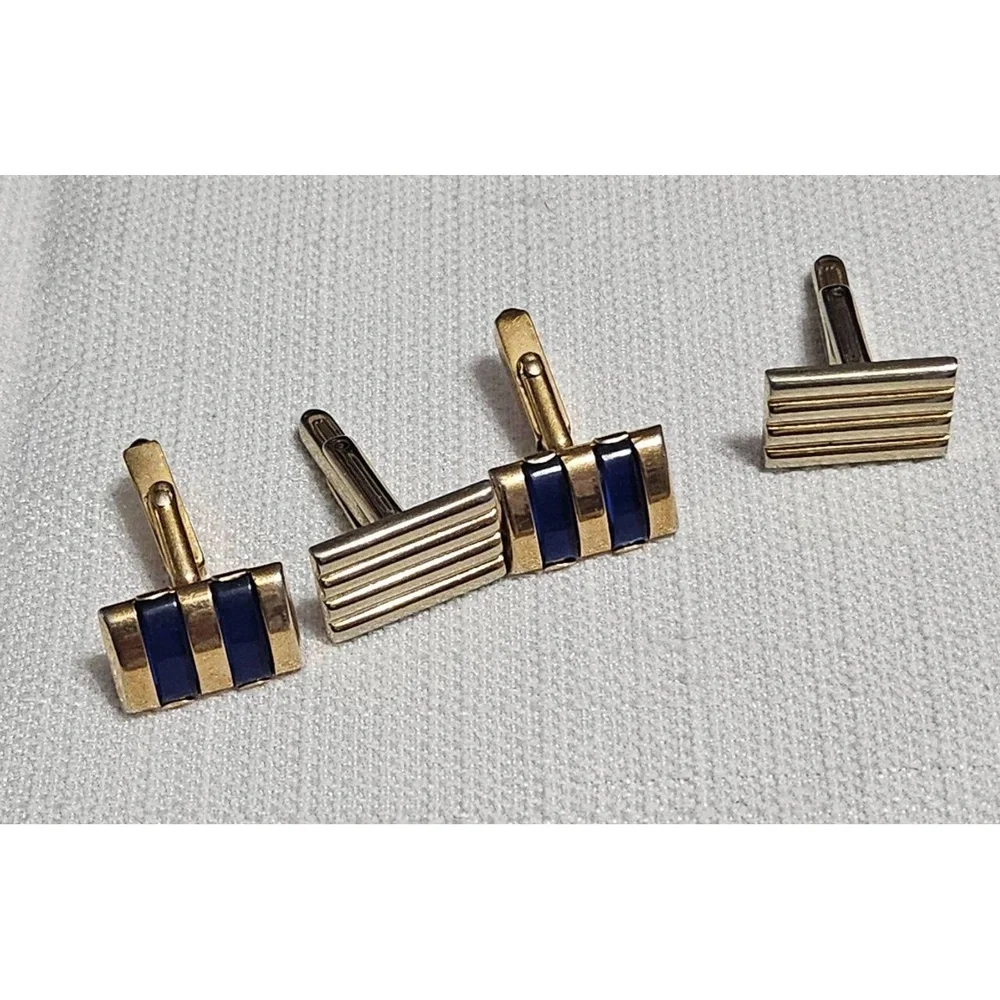 SWANK Vintage Rectangle Cufflinks Gold Tone Navy Blue Stripe Detail Formalwear‎